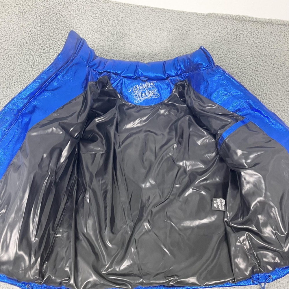 Christian Audigier Jacket Mens Medium Blue Leather Puffer Metallic Y2k - Picture 3 of 12